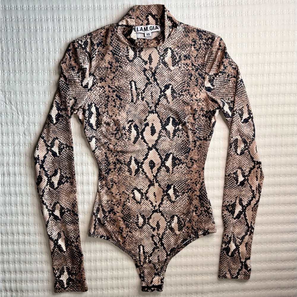 I.AM.GIA Kenzie Tan Snakeskin Mock Neck Long Sleeve Bodysuit